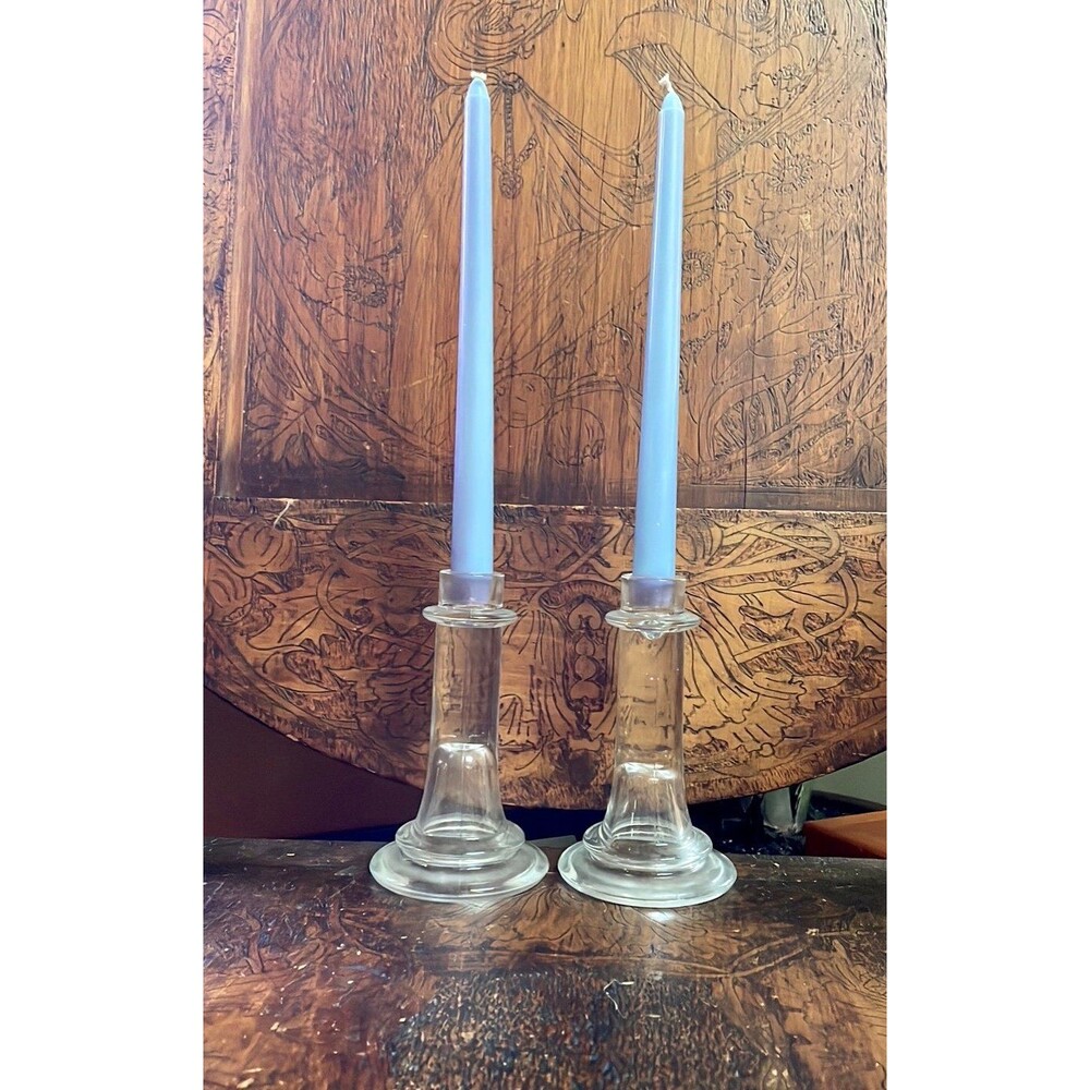 Classic vintage, clear, 6 inch candle stick holder with flared bottoms